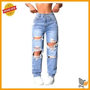 High Waisted Distressed Jeans Straight Leg Ripped Denim Casual Pants